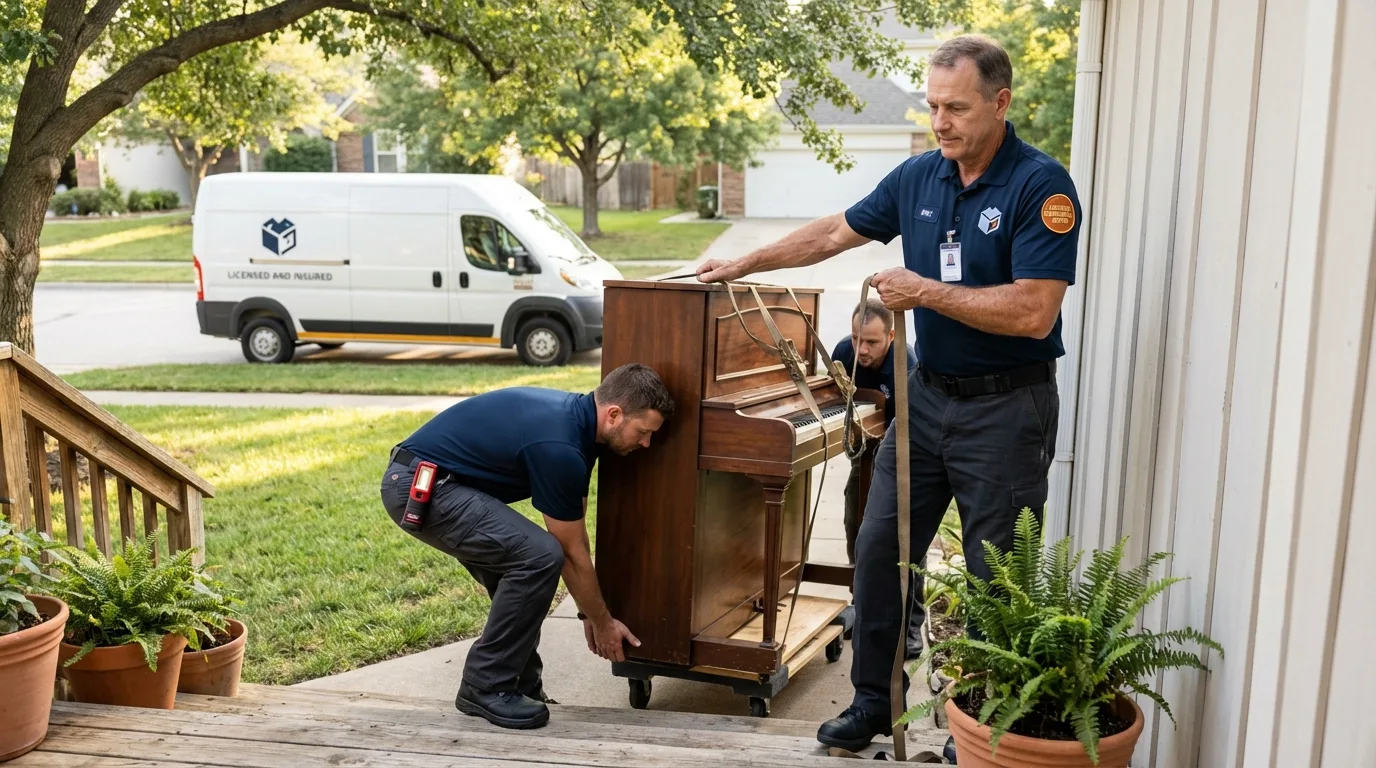 Licensed piano movers securing grand piano in Monroe, NY