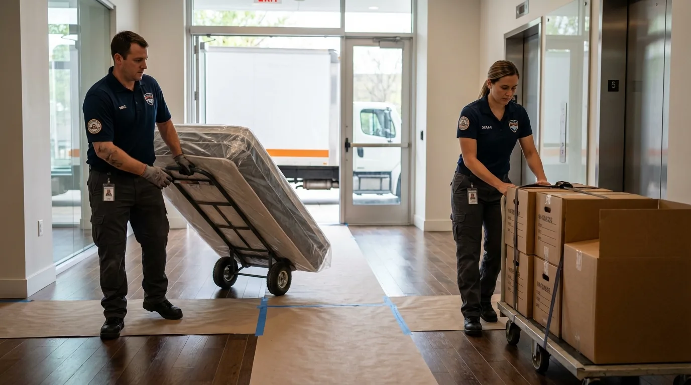 Professional apartment movers loading elevator in Monroe, NY