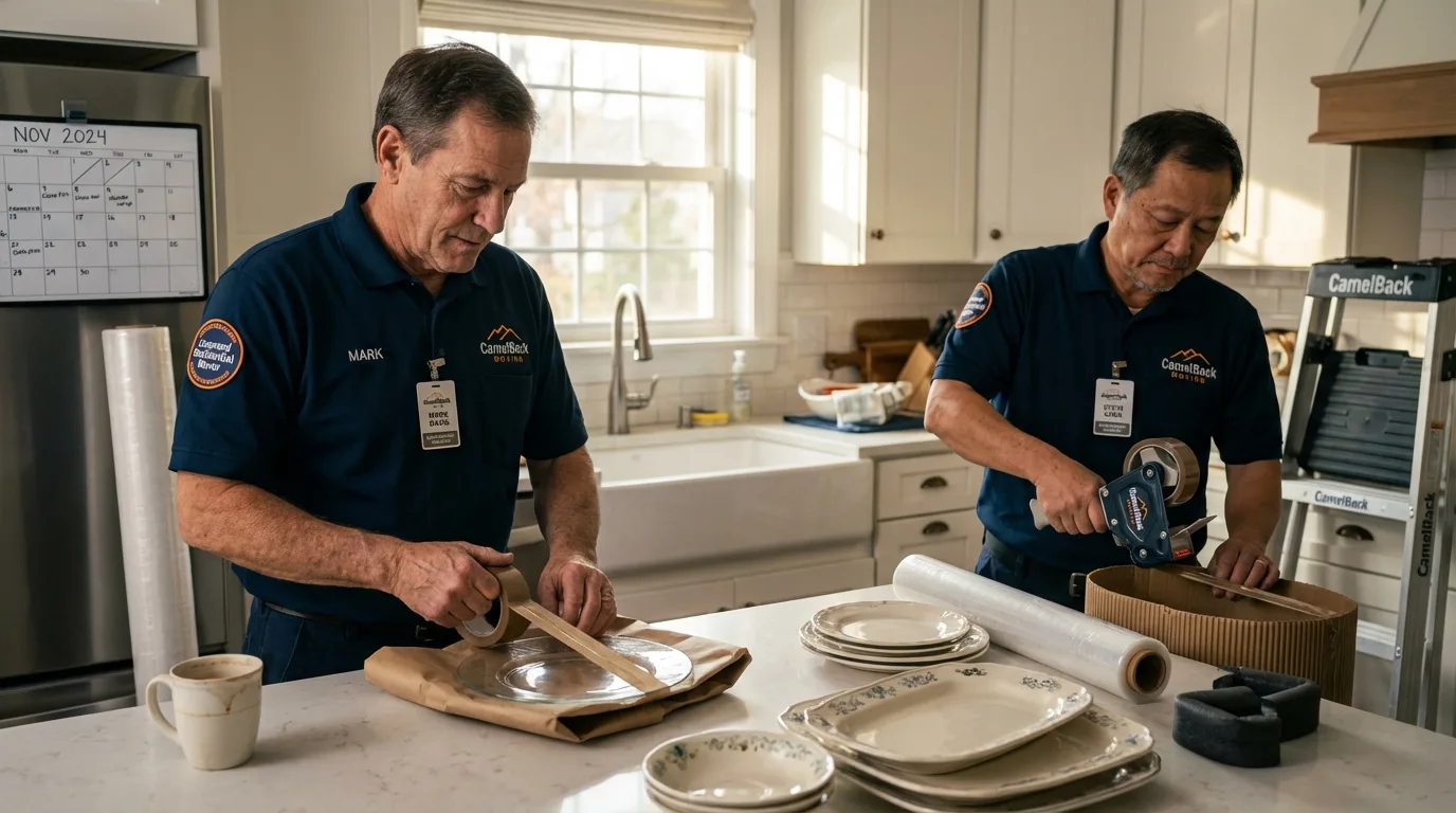Professional crew packing kitchen dishware in Monroe, NY